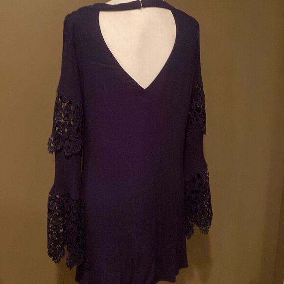 Altar’d State Navy MIDI Dress Crocheted Sleeves Size Large Bell Sleeves - Picture 4 of 13